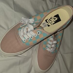 Vans Women's Sneakers - Pink and Blue Checkered Size 8 Women Size 6.5 Men